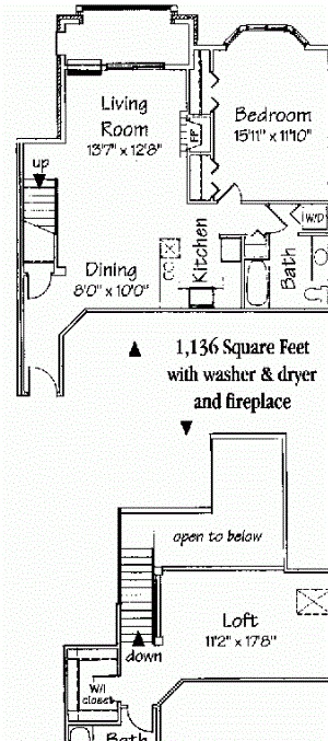 2 bedroom 2 bath corner loft w/fireplace